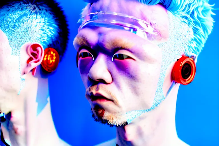 Prompt: a close - up risograph of cyberpunk albinism japanese model men wearing lots of transparent and cellophane accessories, huge earrings and queer make up, blue hour, twilight, cool, portrait, crispy, full - shot, blue sky, kodachrome, photo by mayumi hosokura, style by moebius