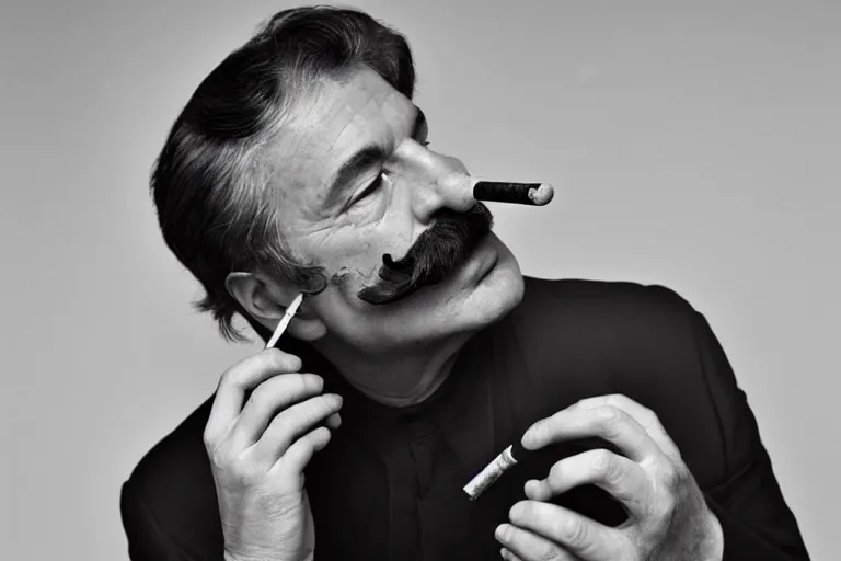 Image similar to mario testino photography, a male portrait, black hair, moustache, smoking a pipe