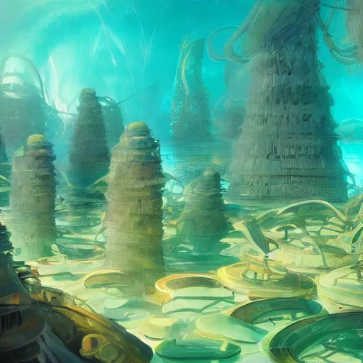 Prompt: underwater city wide angle kelp trees, retro futuristic, domes in the style of dinotopia, Yanjun Cheng and Hsiao-R