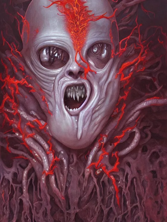 Image similar to wayne barlowe painting of a flying sorrowful looking severed human head, floating head with tears running down it's eyes, face that is chalk white in color, with long white tentacles stemming from it's neck, fiery scorching red eyes, background sprawling terrifying hellish cave with lava flowing through it's walls, 4 k