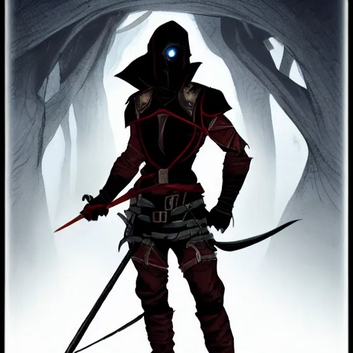 Image similar to male rogue, dungeons and dragons, red eyes, face covered, dark and mysterious