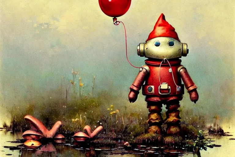 Prompt: adventurer ( ( ( ( ( 1 9 5 0 s retro future robot android mouse and knome holding a red balloon. muted colors. swamp mushrooms island, lillie pads ) ) ) ) ) by jean baptiste monge!!!!!!!!!!!!!!!!!!!!!!!!! chrome red