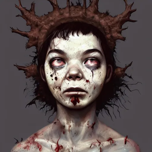 Image similar to head portrait of fresh faced young bjork as a zombie, 7 days to die zombie, gritty background, fine art, award winning, intricate, elegant, sharp focus, cinematic lighting, digital painting, 8 k concept art, art by michael hussar, art by brom, art by guweiz and z. w. gu, 8 k