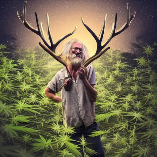 Image similar to intoxicated lazy older hippie wearing twigs and leaves and antlers smiling sheepishly in a field of cannabis plants, highly detailed, dramatic lighting, night time, cinematic, sci - fi, hyperrealistic, detailed