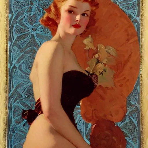 Image similar to portrait of a beautiful woman, intricate, elegant, highly detailed, by gil elvgren, greg manchess, mucha