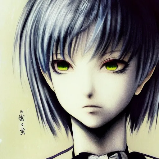 Image similar to Yoshitaka Amano realistic illustration of an anime girl with short white hair and black eyes wearing tuxedo, black and white battle background from Earthbound game, film grain effect, highly detailed, Renaissance oil painting