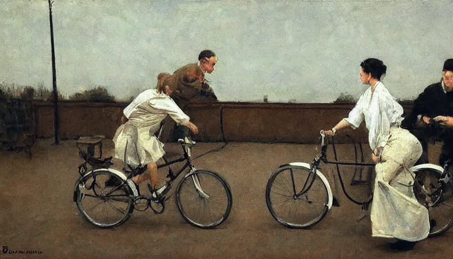 Prompt: painting by borremans, scene with bicycle on theatre, detailed, stunning