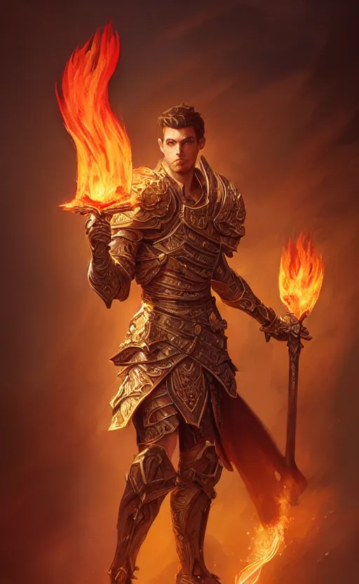 Image similar to male paladin of glory holding flaming sword, d & d, fantasy, intricate and very beautiful and highly detailed, elegant, digital painting, artstation, concept art, matte, smooth and sharp focus, illustration, art by tian zi and wlop and alsphonse mucha and artgerm and greg rutkowski