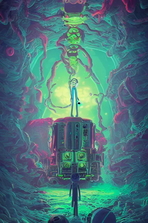 Prompt: rick and morty fused with lovecraft and the blob, high details, intricate details, by vincent di fate, artgerm julie bell beeple, 90s, Smooth gradients, octane render, 8k, volumetric lightning, High contrast, depth of field, very coherent symmetrical artwork