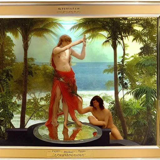 Image similar to The chalice of the angels, refracted sparkles, thunderstorm, greek pool, beach and Tropical vegetation on the background major arcana sky, by paul delaroche, alphonse mucha and arnold böcklin, hyperrealistic symmetrical 8k, award-winning, very very very detailed