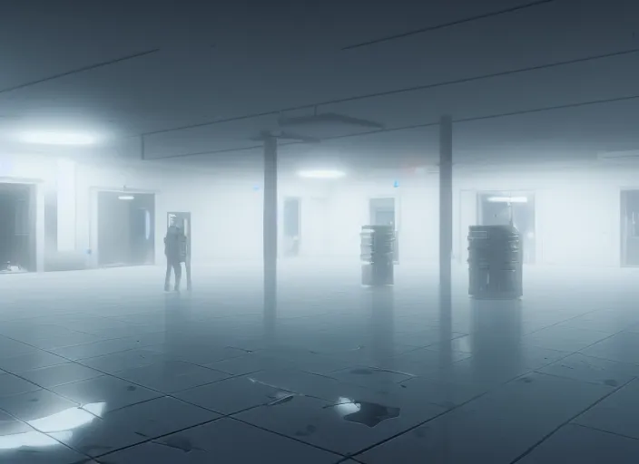 Image similar to cctv footage of a large white empty breakroom, retrofuturist liminal space, familiar place, clean, black mold, amateur, unreal engine, photorealistic, trending on artstation