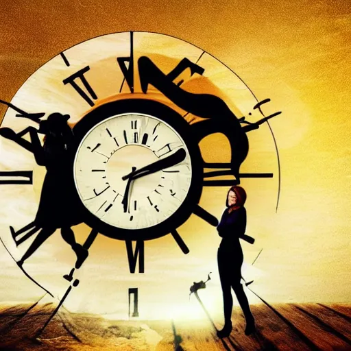 Prompt: A woman standing on the ultimate clock of reality