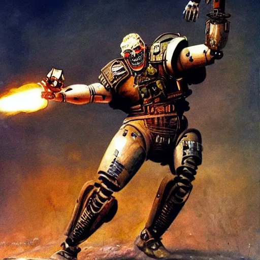 Prompt: majestic action shot of immortan joe fighting a robot in the style of frank frazetta, epic beautiful