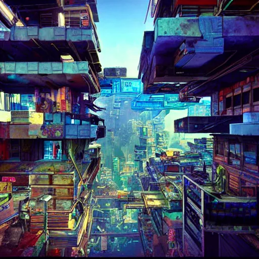 Image similar to a cyberpunk favela