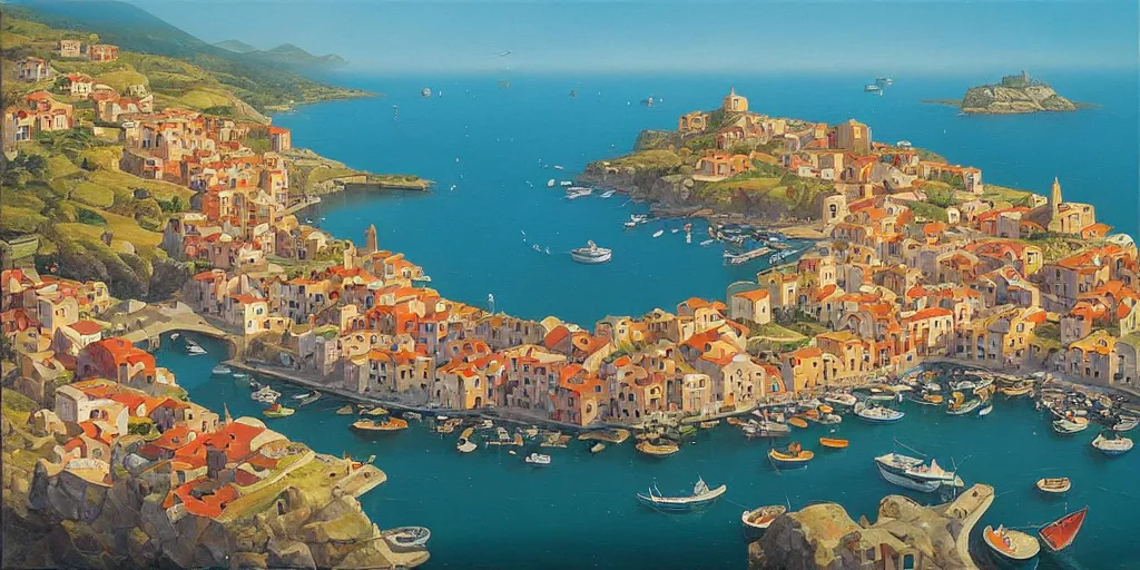 Image similar to An oil painting of a beautiful Mediterranean fishing village by Michiel Schrijver, aerial view