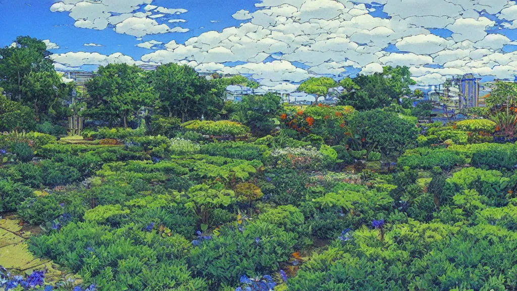 Image similar to an artificial garden with blue skies, landscape, moebius,