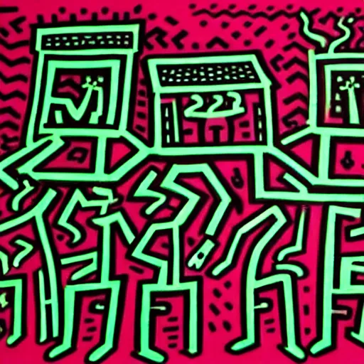 Prompt: a painting of a eerie cabin in the middle of the woods in the style of keith haring