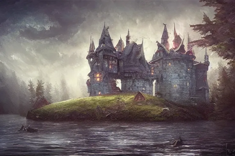 Image similar to a mysterious castle floating in the middle of a vast lake by a wooden cabin by a farm, ultra realistic by sabbas apterus