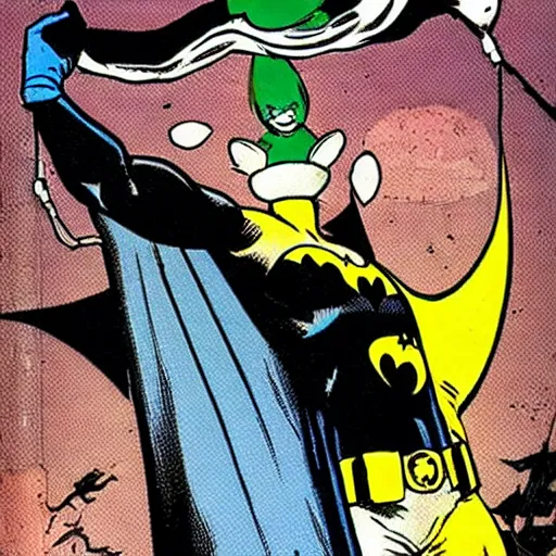 Prompt: Batman holding a hamster as he swings from a web, vintage comic book style