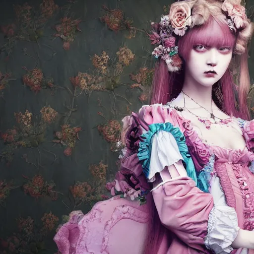 Image similar to 8 k, octane render, realism, tonalism, renaissance, rococo, baroque, cotton candy, creepy young lady wearing long highly detailed dutch renaissance harajuku manga dress with flowers and skulls ( background chaotic flowers )