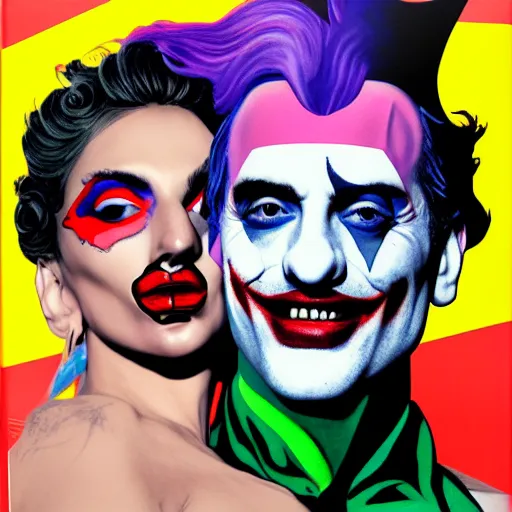 Image similar to richard hamilton and mimmo rottela as lady gaga harley queen and joaquin phoenix joker kissing, pop art, medium long shot, 2 color, justify content center, hyper detailed content, dynamic composition, 4 k, ultra realistic art, smooth, sharp focus, illustration, concept art, intricate details, h 7 6 8