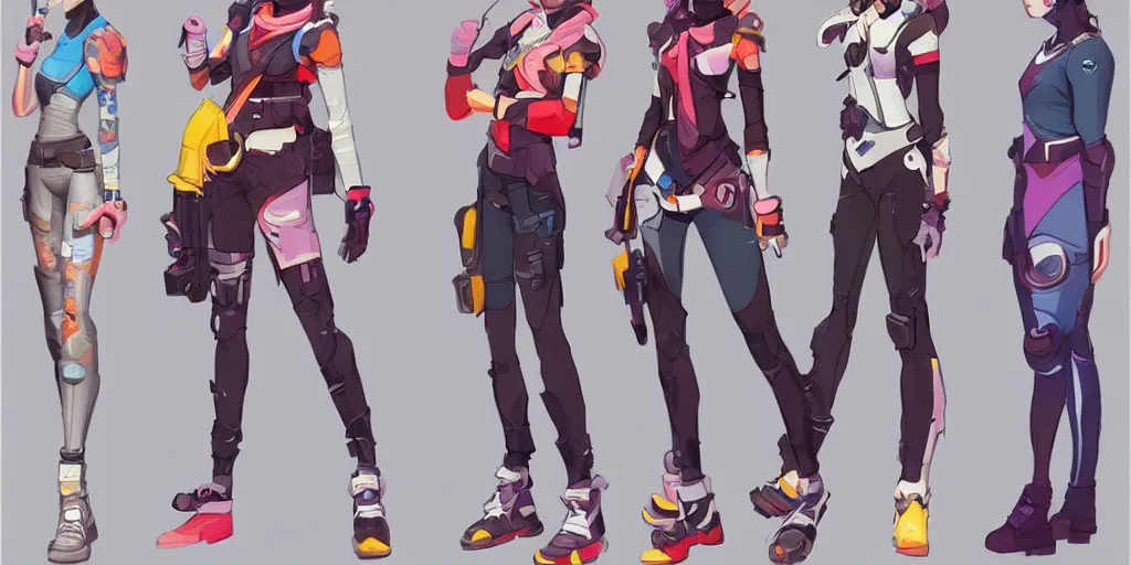 Image similar to character concept art of a mid 2 0's female casual themed outfit, colorful, no helmet, by qui fang and daryl tan, overwatch, studio trigger