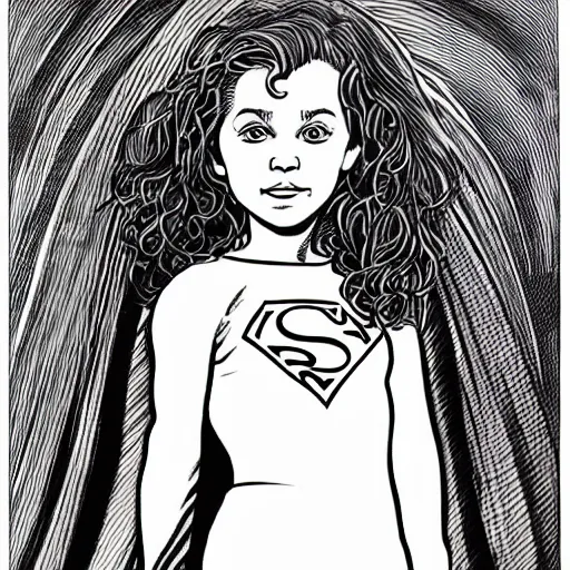 Image similar to clean simple line art of a little girl with short wavy curly hair. she is a superhero, wearing a superhero costume. white background. well composed, clean black and white line drawing, beautiful detailed face. illustration by charlie adlard and steve ditko