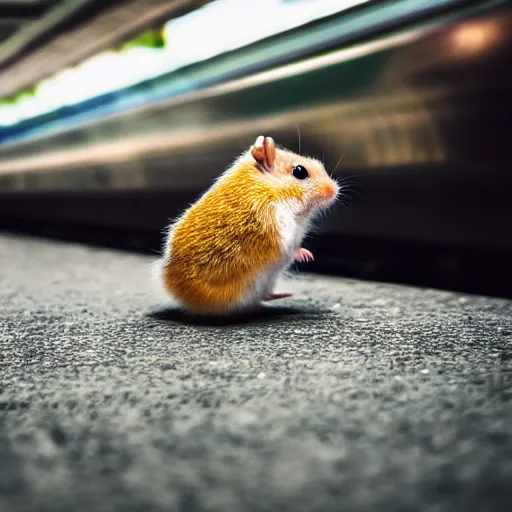 Image similar to detailed photo of a hamster waiting for the train, various poses, full body, unedited, daylight, dof 8 k