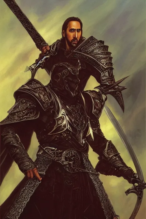 Prompt: Nicholas Cage as a paladin with a longsword, detailed fantasy art by Gerald Brom