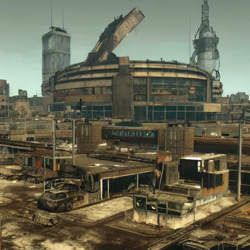 Image similar to Rotterdam Centraal Station in ruins post-nuclear war in Fallout 4, in game screenshot