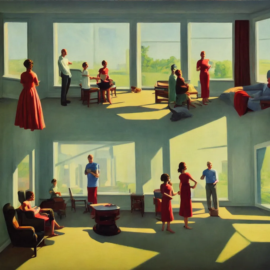 Image similar to painting of a family building getting lectured by a very large alien in their suburban living room, energetic orbs in the air, in the style of edward hopper