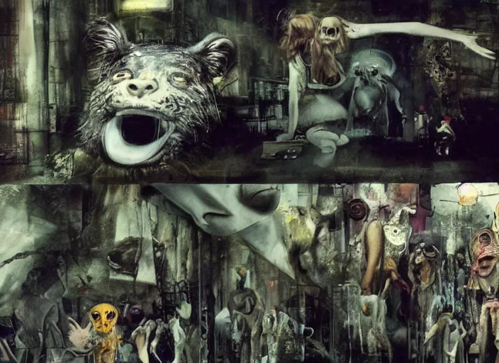 Prompt: wild underground scene from a 7 0's movie by chris cunningham, kenneth anger and alejandro jodorowsky : : surreal dream scene of actresses turning into animals in urban setting : : close - up, concept art, painting by enki bilal, tim walker, adrian ghenie 4 k