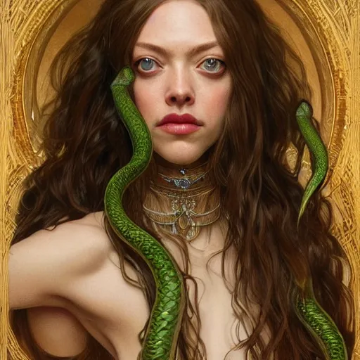 Image similar to Amanda Seyfried as Medusa, snakes for hair, olive skin, long dark hair, beautiful bone structure, intricate, elegant, highly detailed, digital painting, artstation, concept art, smooth, sharp focus, illustration, art by artgerm and greg rutkowski and alphonse mucha and Chris Achilleos