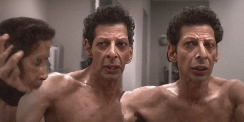 Prompt: ultra wide angle photo of jeff goldblum dressed as seth brundle is looking at himself in a bathroom mirror and seeing his reflection as the fly, a mutated insect version of jeff goldblum