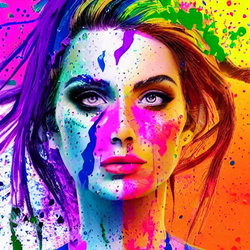 Prompt: references for beautiful woman digital art splattered by coloured paint