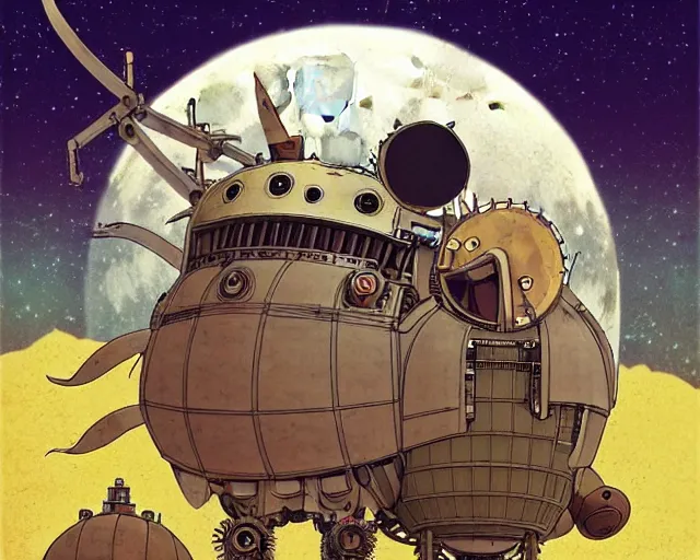 Image similar to a mechanical blueprint of a lovecraftian mechanized sloth from howl's moving castle ( 2 0 0 4 ), with a big head, in a war - torn desert village, wide shot, in front of a big moon, muted colors, post grunge, studio ghibli, hq, art by artgem