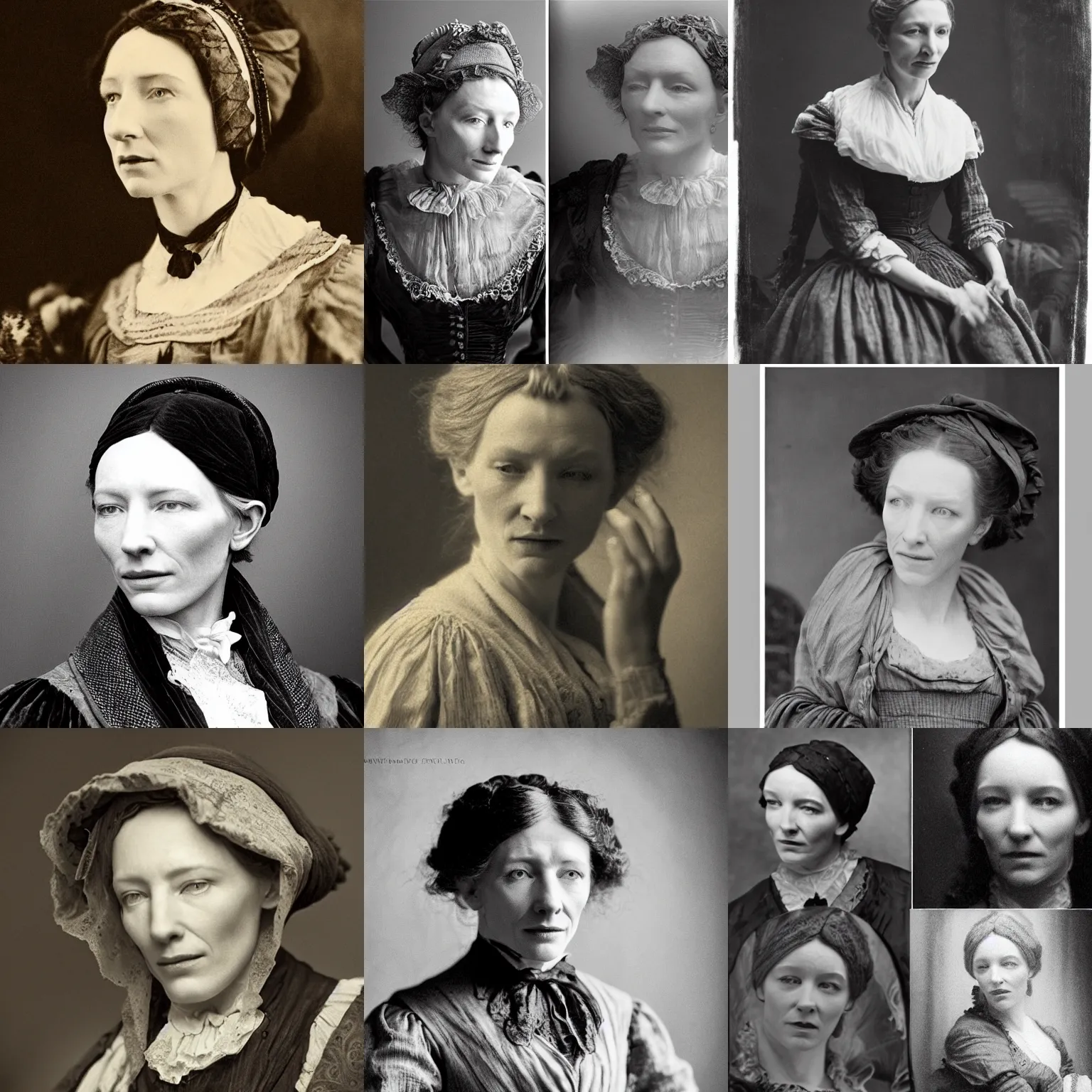 Prompt: a cunning, hunchbacked, 19th century lady looks similar to Cate Blanchett, cinematic lighting, highly detailed, black-and-white, realistic, antique photography