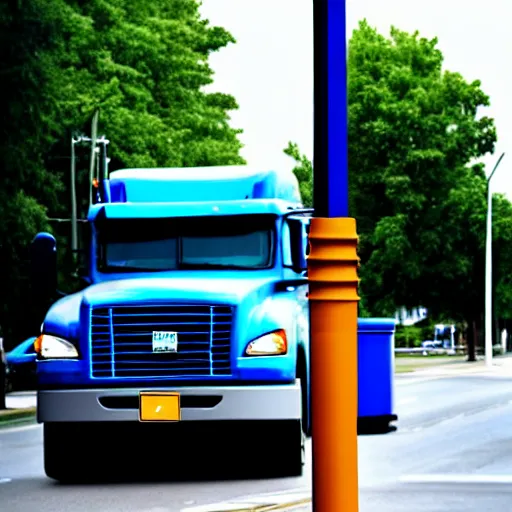 Prompt: blue truck stuck on a street light pole