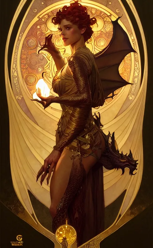 Image similar to magic gold dragon gorgeous lighting by weta studio, mucha, bautista and norman rockwell and greg rutkowski and tom bagshaw and james gurney and lucasfilm