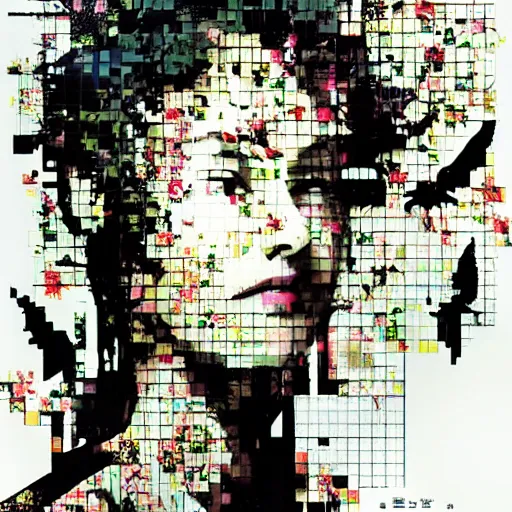 Image similar to portrait of a daydreaming woman being progressively rasterized into pixels, surrounded by digital birds, by yoji shinkawa, esao andrews and dave mckean