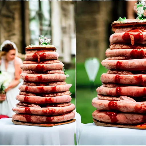 Prompt: a wedding cake made entirely out of meat and sausages with ketchup sauce. During wedding. Highly detailed 8k