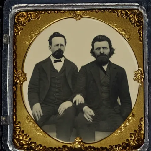 Image similar to tintype photo of rick and morty. 1 8 8 0 s