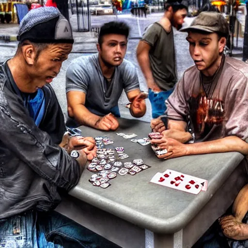 Image similar to with my homies playin street gambling, extremely human detailed, brutal human detailed!!!, hdr human detailed, 4 k human detailed!!!, smooth human detailed!!! photo hyper realistic, the best photograph of august, pinterest render, vogue render