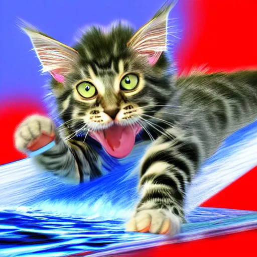 Prompt: Anthromorphic Maine coon kitten is Water skiing and doing trick poses, action shot. At south beach FL. 3D render but digital art, by Lenoid afremov