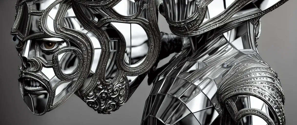 Prompt: hyperrealist highly detailed neo-baroque portrait of high fashion monster demon wearing reflective mirror mirrored reflection armor, concept art pascal blanche dramatic studio lighting 8k wide angle shallow depth of field