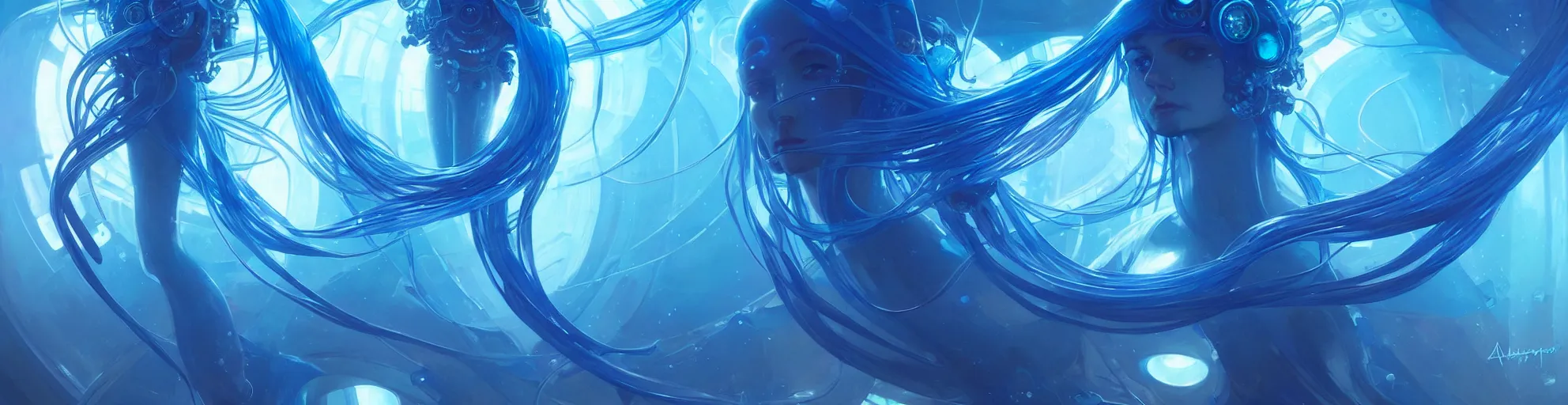 Image similar to cyberpunk jellyfish, blue tones, underwater, 360, highly detailed, digital painting, artstation, concept art, smooth, sharp focus, illustration, art by artgerm and greg rutkowski and alphonse mucha