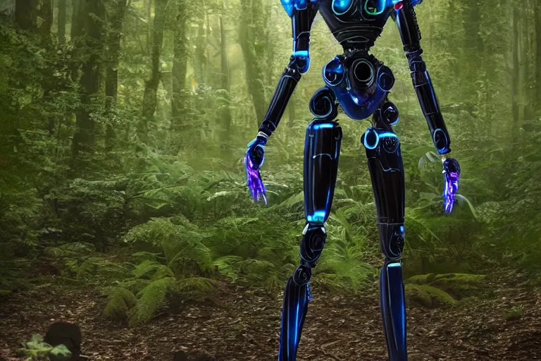 Prompt: photograph of an androgynoid robot in the arboretum of the inter - galactic spaceship, 8 k, beautiful lighting, shallow depth of field, ultra realistic, hyper - detailed, sci - fi movie style, coherent composition,