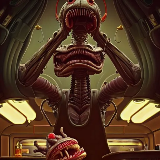 Image similar to portrait of a xenomorph muppet working in a diner, arms crossed, promotional pose, intricate, headshot, highly detailed, digital painting, artstation, concept art, sharp focus, cinematic lighting, illustration, art by artgerm and greg rutkowski, alphonse mucha, cgsociety