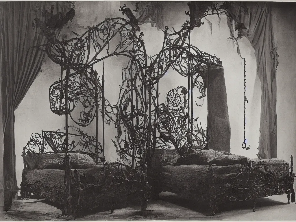 Image similar to gothic baldachin bed with home of the wasp. karl blossfeldt, salvador dali