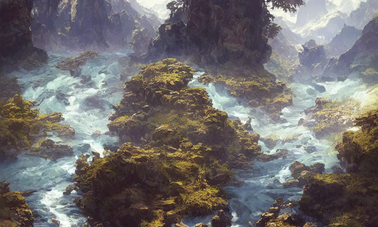 Image similar to Mountain river flows through a fantasy landscape gorge. A big blue lake in the middle of the mountains. Fabulous nature, amazing seascape, highly detailed, digital painting, artstation, concept art, smooth, sharp focus, illustration, art by greg rutkowski and alphonse mucha